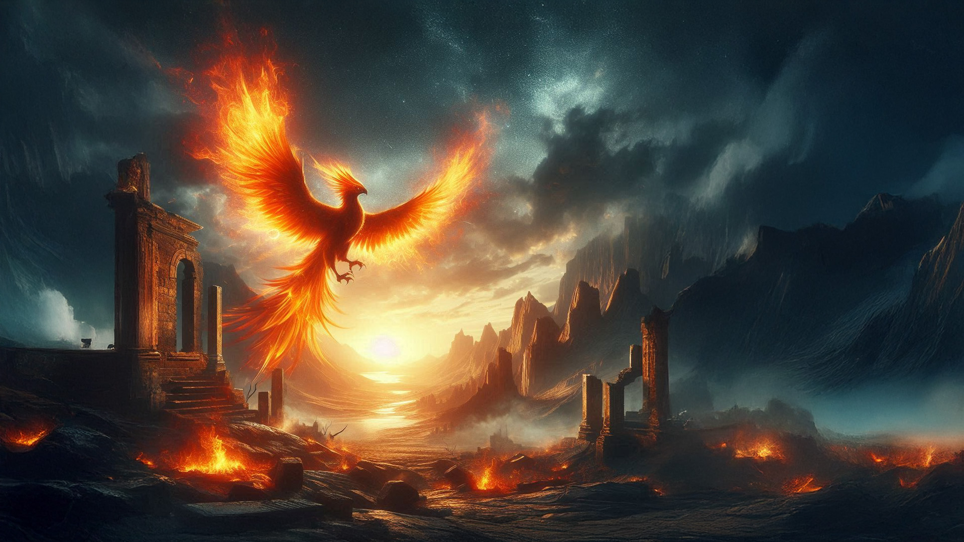 Phoenix rising from the fires of a destroyed civilization
