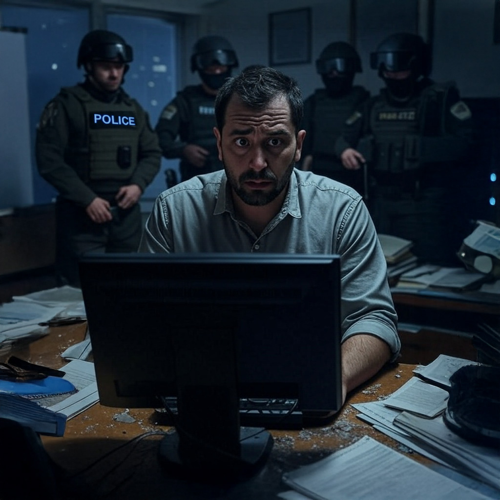An online dissident being arrested at his home as a result of Pegasus surveillance