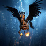The Pegasus Spyware, depicted as a skeletal winged horse, flying high above a modern city