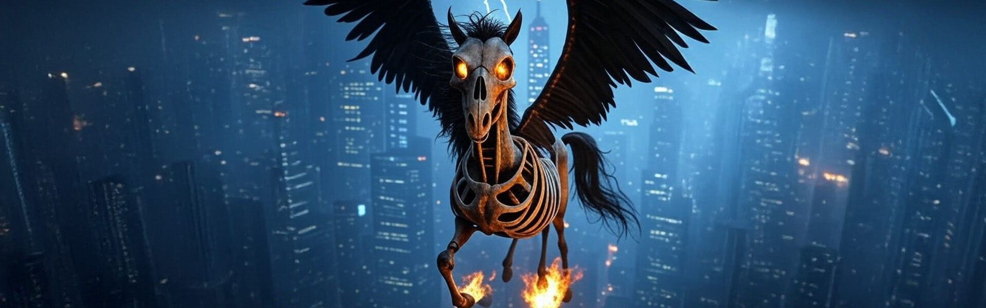 The Pegasus Spyware, depicted as a skeletal winged horse, flying high above a modern city