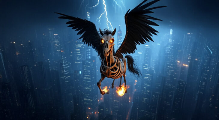 The Pegasus Spyware, depicted as a skeletal winged horse, flying high above a modern city