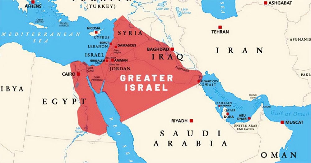 Map depicting the proposed "Greater Israel" area in the Middle Eastern region