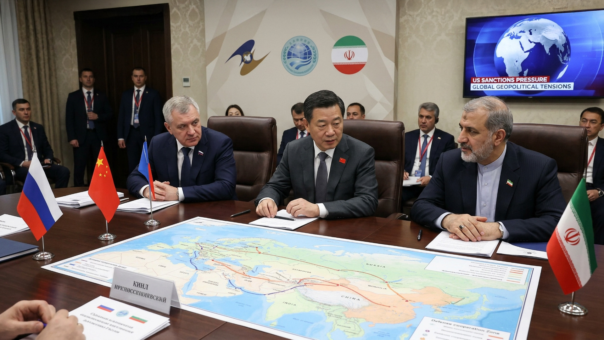 The economic alignment of Russia, China, and Iran in the face of American economic and military pressure.
