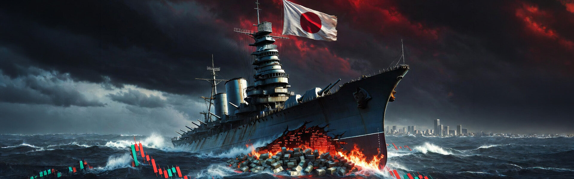 Japan's Hopeless Yen Defense pictured as a sinking battleship leaking money