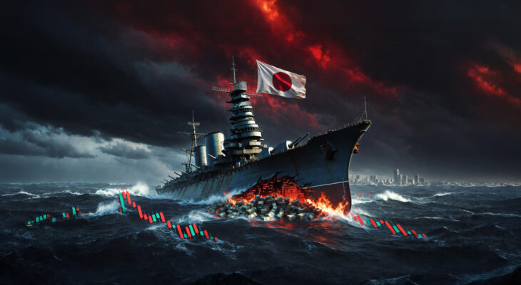 Japan's Hopeless Yen Defense pictured as a sinking battleship leaking money
