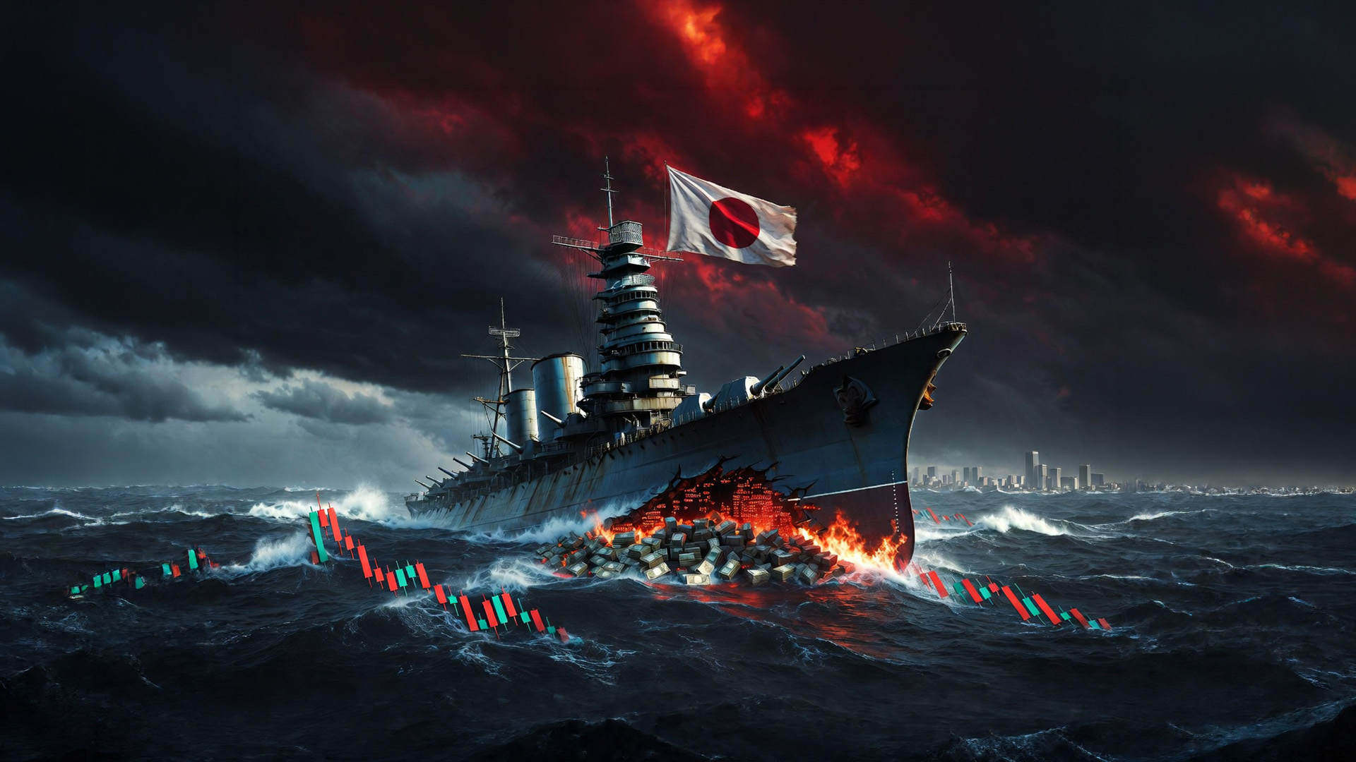 Japan's Hopeless Yen Defense pictured as a sinking battleship leaking money