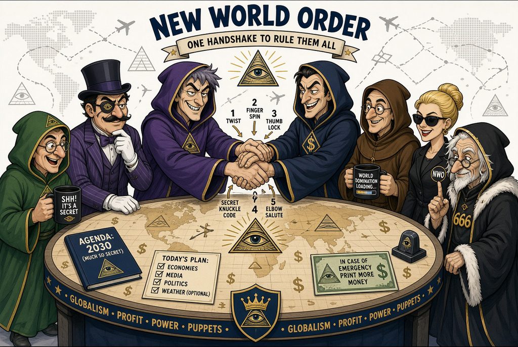 The New World Order depicted as a cartoonish secret society